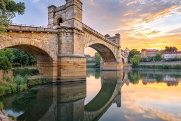 Obraz premium Arched stone bridge reflects in still water under colorful, serene sky at sunset