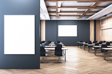 Empty modern auditorium with blank screen and mockup space. 3D Rendering