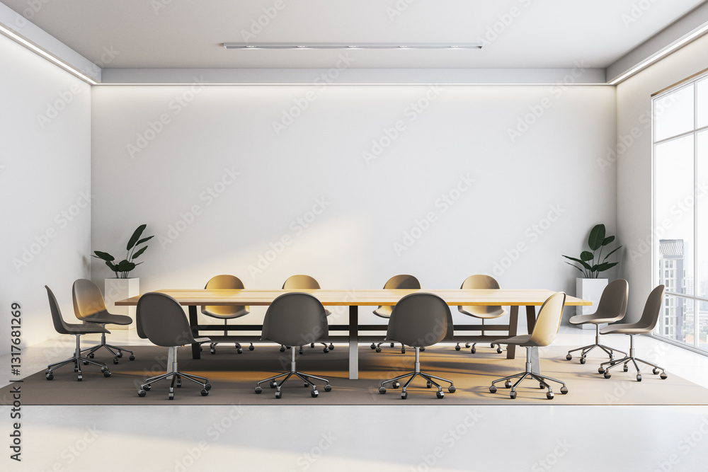 Poster Modern conference room with table and chairs in minimalist design. 3D Rendering