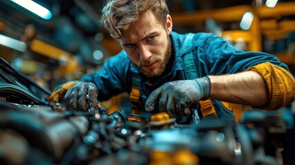 Champion auto mechanics inspecting engine components in a busy workshop