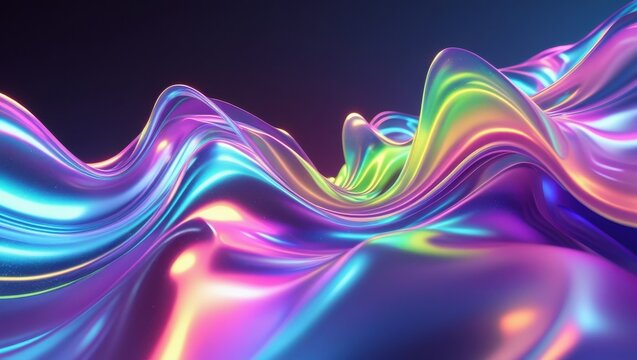 A vibrant, mesmerizing 3D rendering of an abstract fluid holographic wave, undulating with gentle, wispy tendrils that shimmer and pulse in a palette of radiant neon hues, including electric blues,