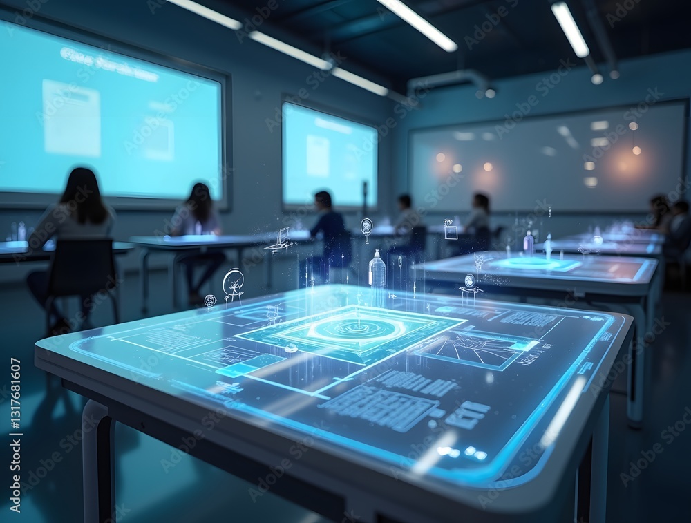 Poster open book on a school desk projects glowing digital interfaces