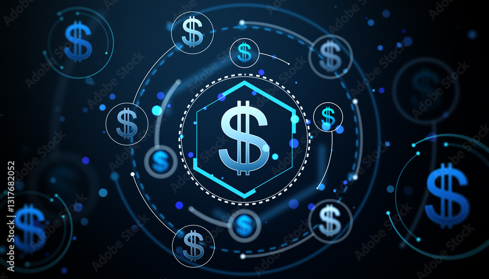 Poster Digital dollar symbols connected in a network design. 3D Rendering