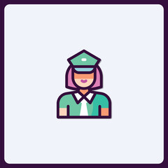 Stylized icon depicting a female security guard with uniform and cap