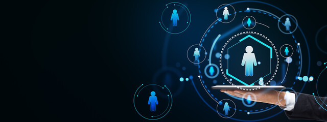 Digital network concept with human icons on a tablet.