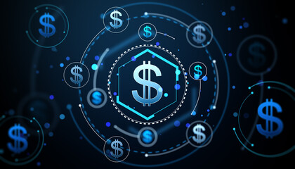 Digital dollar symbols connected in a network design. 3D Rendering