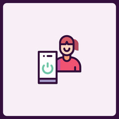 Illustrated Woman with Smartphone Power Icon for Digital Connection