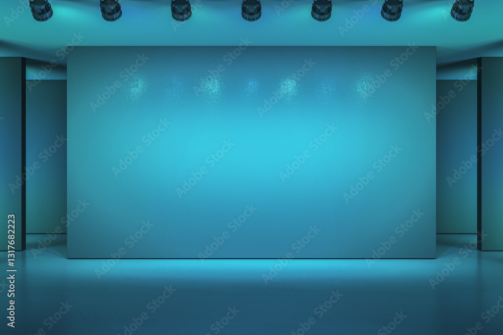 Poster modern exhibition gallery with blank walls illuminated by spotlights. 3d rendering