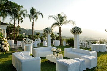 Elegant white wedding reception setup overlooking tropical landscape