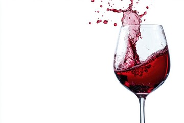 red wine splashing out of a glass over white background