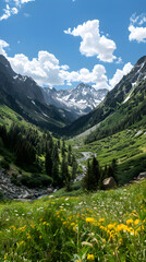 Fototapeta premium Breathtaking Mountain Landscape with Snow-Capped Peaks, Lush Valley, and Meandering River Under Blue Sky