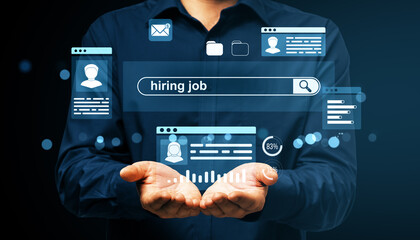 Digital hiring job search interface with floating employment icons.