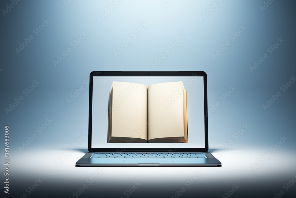 Fototapete Open book displayed on a laptop screen, symbolizing digital learning and online education. The scene is illuminated with a soft gradient spotlight. 3D Rendering