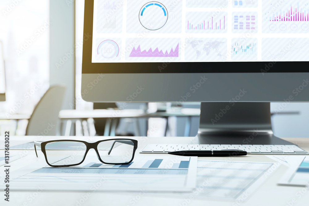 Aufkleber Financial analysis workspace with computer and documents on a desk. 3D Rendering