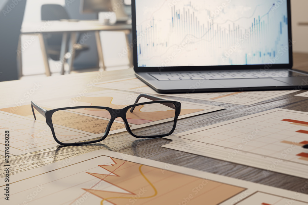Poster business desk with financial charts, glasses, and a laptop displaying data. 3d rendering