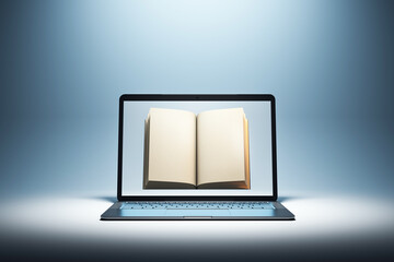 Open book displayed on a laptop screen, symbolizing digital learning and online education. The scene is illuminated with a soft gradient spotlight. 3D Rendering