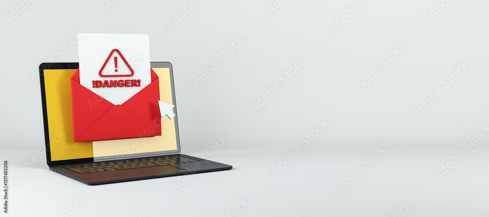 Poster danger alert email on laptop screen. 3d rendering