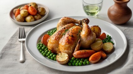 a white circular plate of a traditional roast chicken with roast potatoes, roast carrots, peas realistic food photography, isolated on a white background