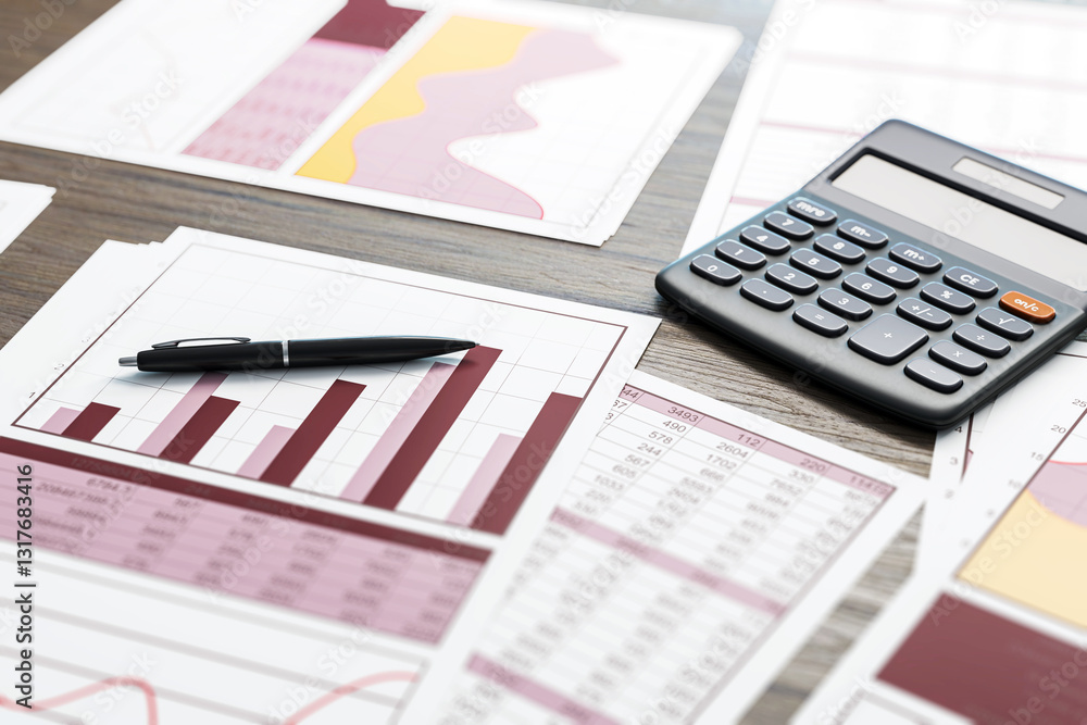 Poster financial reports with calculator and pen on wooden desk. 3d rendering