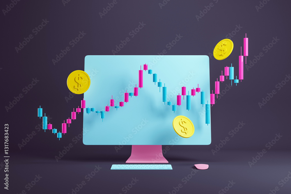 Aufkleber Digital financial market chart with dollar symbols on computer screen. 3D Rendering