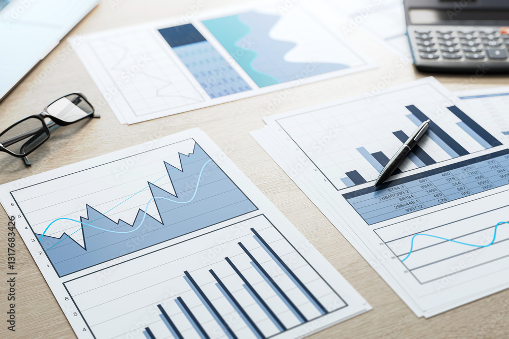 Poster financial reports and graphs on a light wooden office desk. 3d rendering