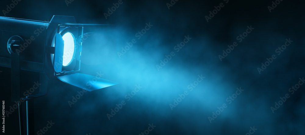 Poster bright stage spotlight projecting a blue beam through atmospheric smoke in a dark environment. 3d re