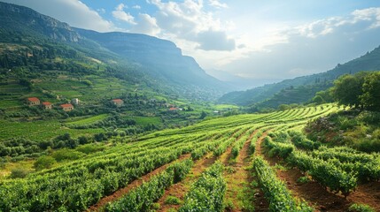 Fototapeta premium Vineyard rows grow on hillside. Green plants on farm. Mountain view with cloudy sky. Valley scenery with sunshine. Peaceful landscape.