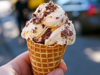 Ice Cream Delight: A close-up shot of a delicious ice cream cone featuring scoops of creamy vanilla ice cream with chocolate flakes, a hand holding the cone, and blurred city street in the background.