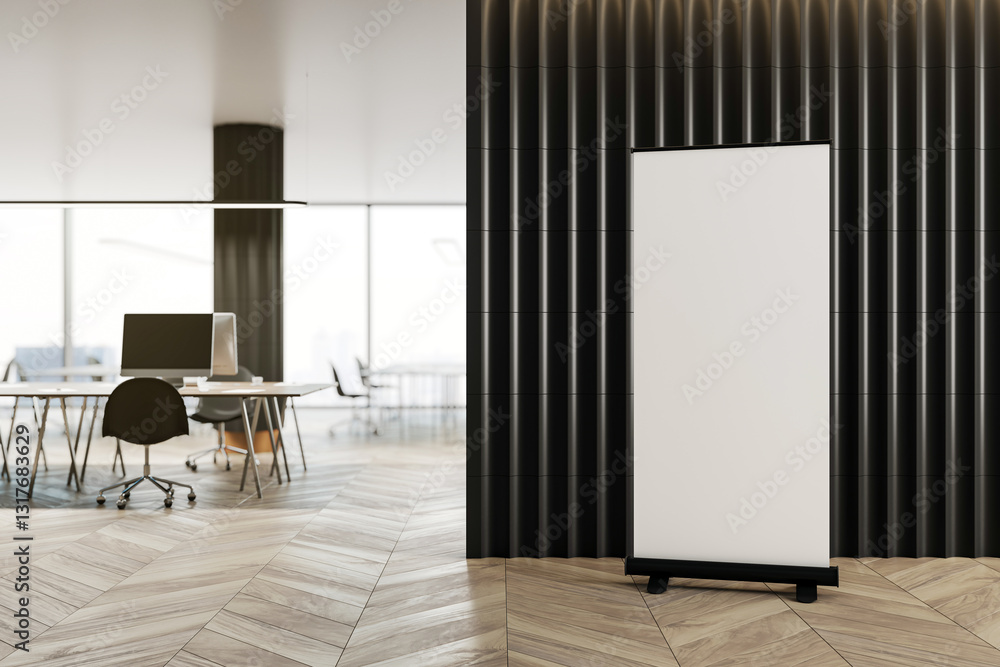 Poster office interior with roll-up banner mockup. 3d rendering