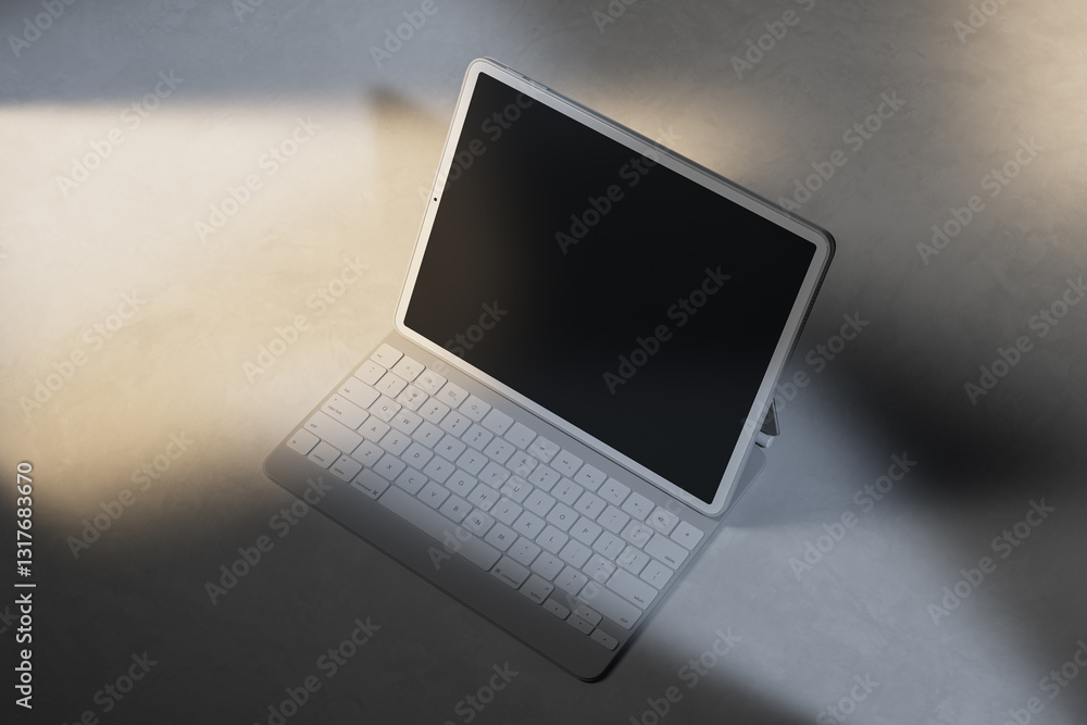 Poster Digital tablet with keyboard mockup on a light background. 3D Rendering