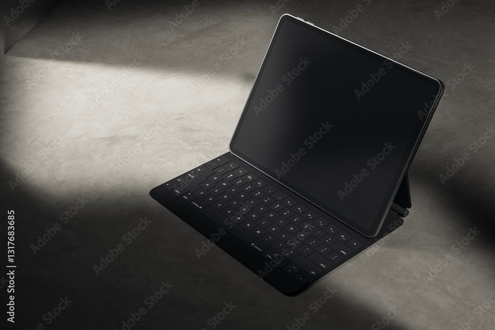Poster Tablet with keyboard on a dark background. 3D Rendering
