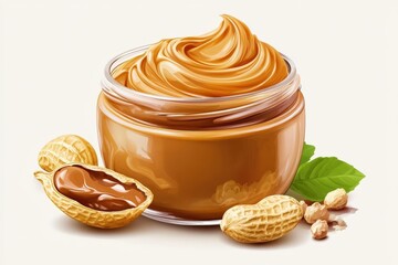 Creamy peanut butter swirling in a jar with peanuts and crushed peanuts
