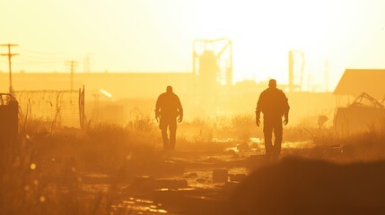 Naklejka premium Two silhouetted figures walk through an industrial area at sunset, with a glowing horizon and abandoned structures