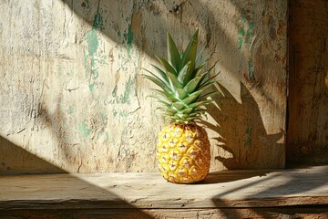 Ripe pineapple stands on rustic surface, sunlit, textured backdrop, vibrant green crown