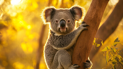 Fototapeta premium Koala on tree trunk, golden sunlight backdrop. Image showcases Australian wildlife, nature, and tranquility