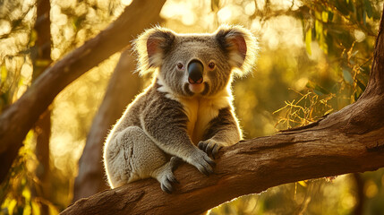 Fototapeta premium Koala sitting on tree branch, backlit by golden sunlight, showcasing soft fur texture and calm demeanor, symbolizing Australian wildlife and peaceful nature