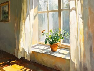 A sunny window illuminates an interior scene with a potted plant