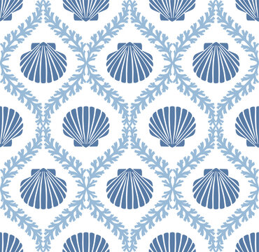 Coastal seamless pattern, Coastal digital print, coral, seashell, coral damask, coastal medallion, vector file