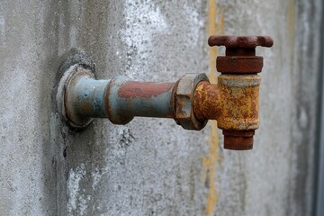 Rusty outdoor faucet emerging from concrete wall