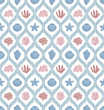 Coastal seamless pattern, Coastal digital print, coral, seashell, coral damask, coastal medallion, vector file