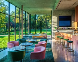 Fototapeta premium Modern lounge, park view, morning sun, cafe interior, relaxing