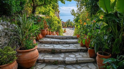 Stone steps with potted plants lead to a beautiful view