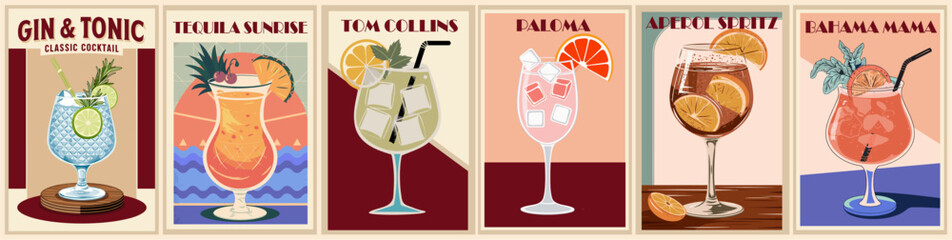 A series of colorful posters of cocktails. Popular alcohol drinks vector illustrations set