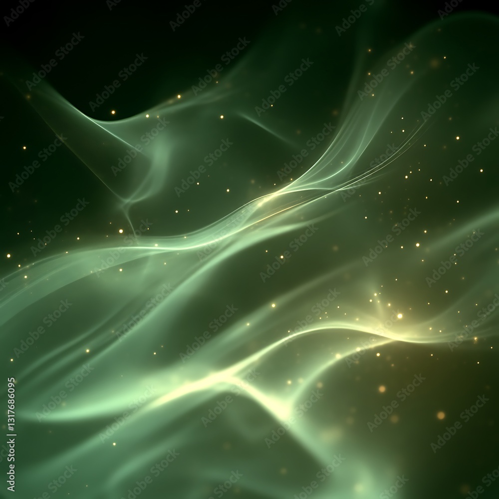Poster glowing green and gold wisps float with subtle sparkling particles