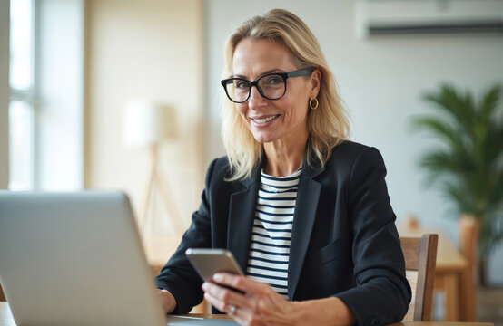 Confident executive woman working on laptop and using smartphone at office. Smiling lady in glasses checks email on her mobile phone. Businesswoman working home office. Successful manager at work.