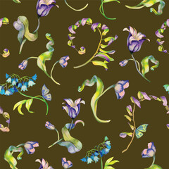 A seamless elegant digital watercolor floral pattern with tulips, bluebells, vines, and butterflies on an earthy green backdrop. Ideal for prints, fabric, decor.