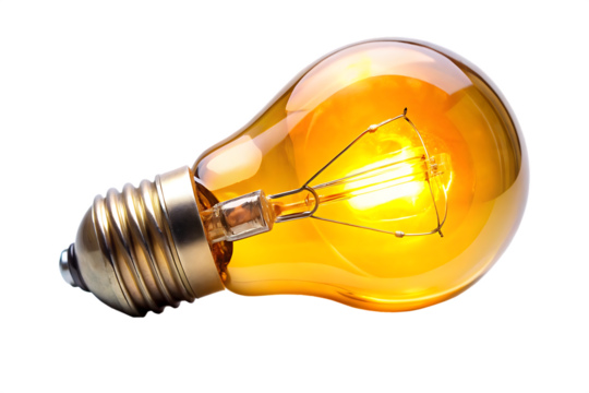 glowing yellow light bulb image on transparent