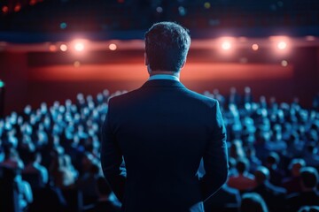 Seminar, presentation and group of business people on stage for coaching expert, event and convention in auditorium. Leadership, summit and speaker panel for networking workshop, tradeshow or speech