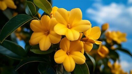 Obraz premium Golden Blossoms Under Blue Skies: Vibrant yellow flowers bloom, their petals radiant against the clear blue sky, evoking a sense of warmth, vitality, and the beauty of nature. 
