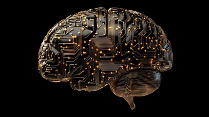 Fototapeta premium Futuristic representation of a brain with intricate circuitry and glowing nodes, symbolizing advanced technology and innovation